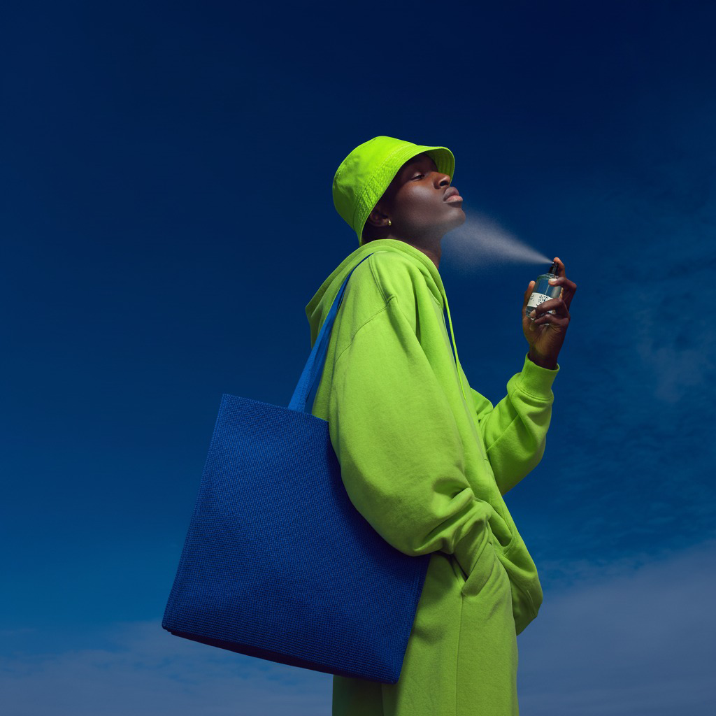 Person in bright green outfit with blue tote bag against a blue sky