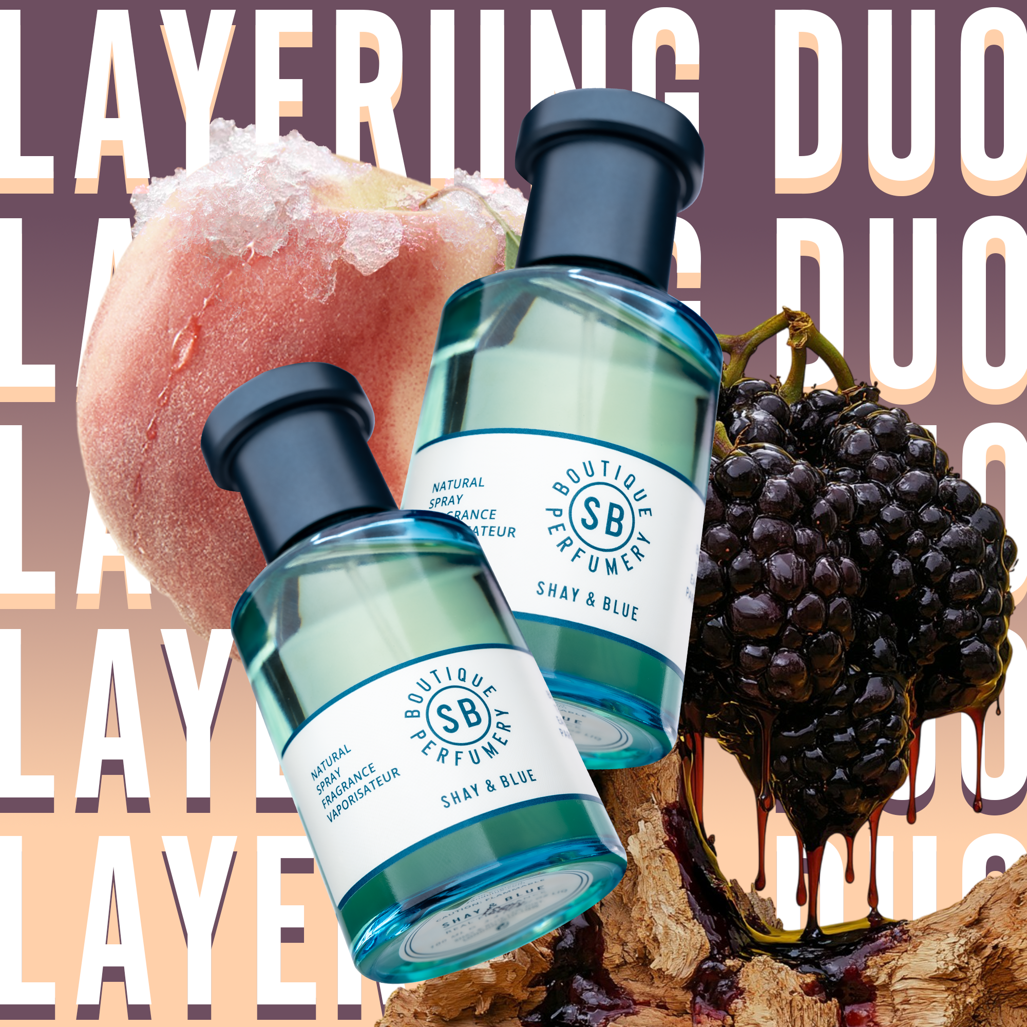 Peach & Wood Layering Duo – Ripe peach and creamy woods create a golden, warm-hearted trail.